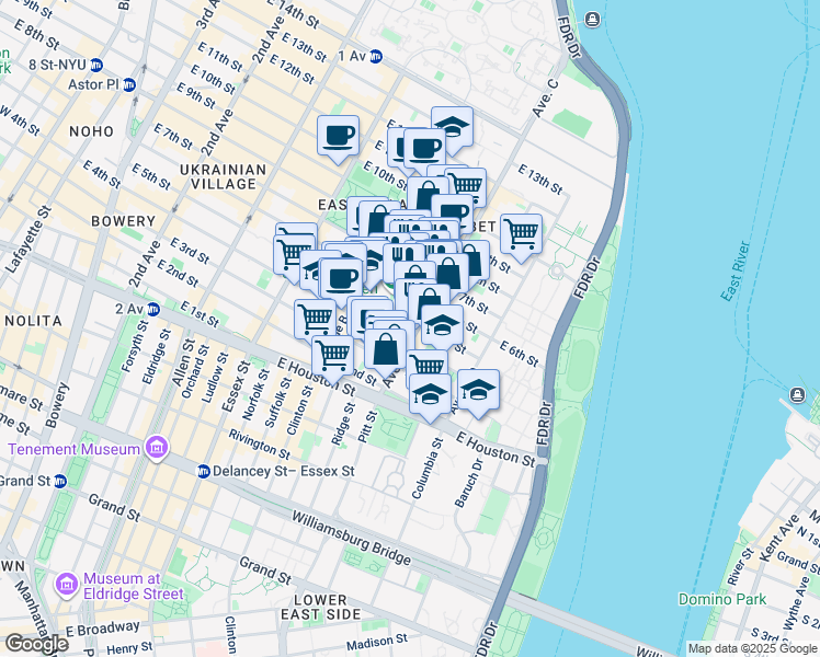 map of restaurants, bars, coffee shops, grocery stores, and more near 621 East 6th Street in New York