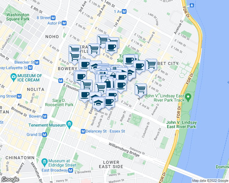 map of restaurants, bars, coffee shops, grocery stores, and more near 173 East 3rd Street in New York