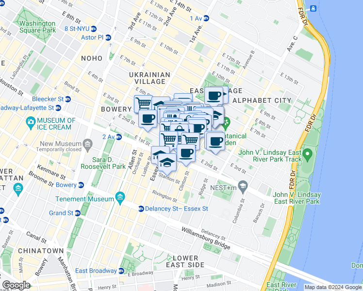 map of restaurants, bars, coffee shops, grocery stores, and more near 173 East 3rd Street in New York