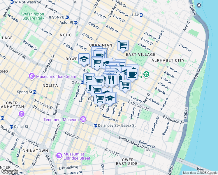 map of restaurants, bars, coffee shops, grocery stores, and more near 36 Avenue A in New York