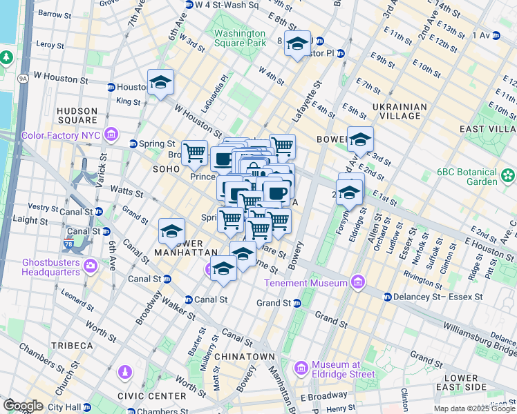 map of restaurants, bars, coffee shops, grocery stores, and more near 267 Lafayette Street in New York