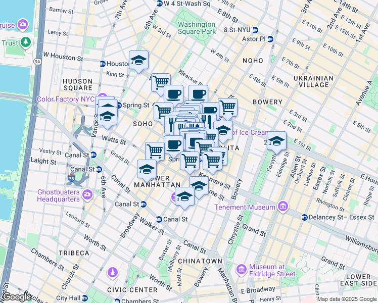 map of restaurants, bars, coffee shops, grocery stores, and more near 543 Broadway in New York