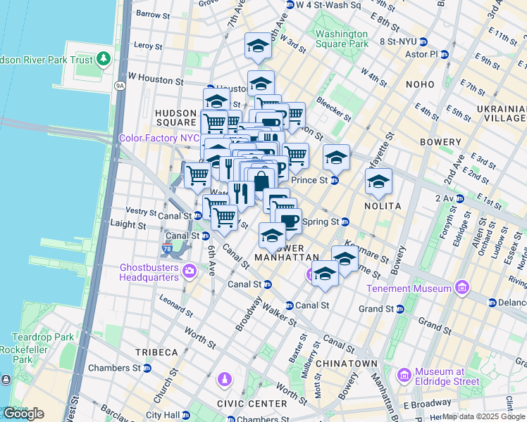 map of restaurants, bars, coffee shops, grocery stores, and more near 418 Broome Street in New York
