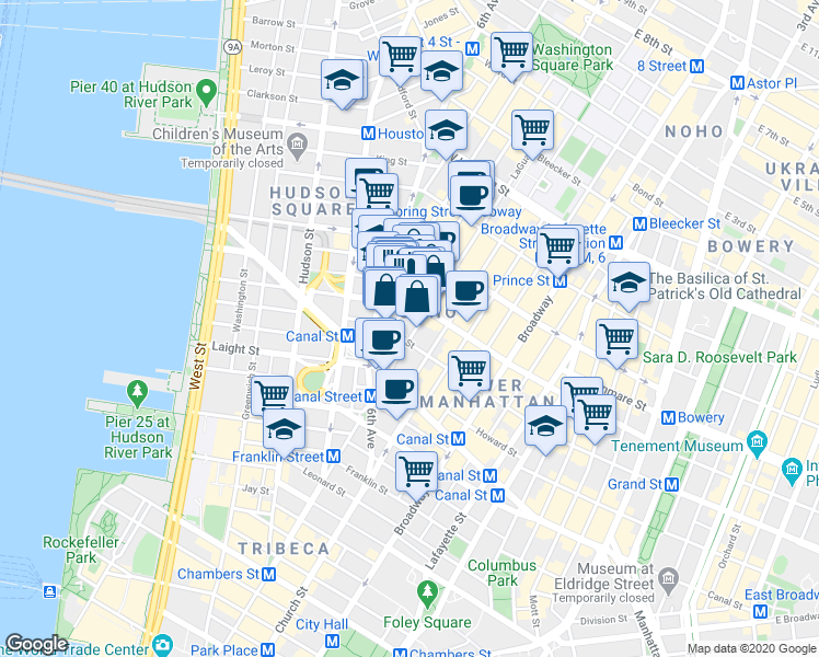 map of restaurants, bars, coffee shops, grocery stores, and more near 140 6th Avenue in New York