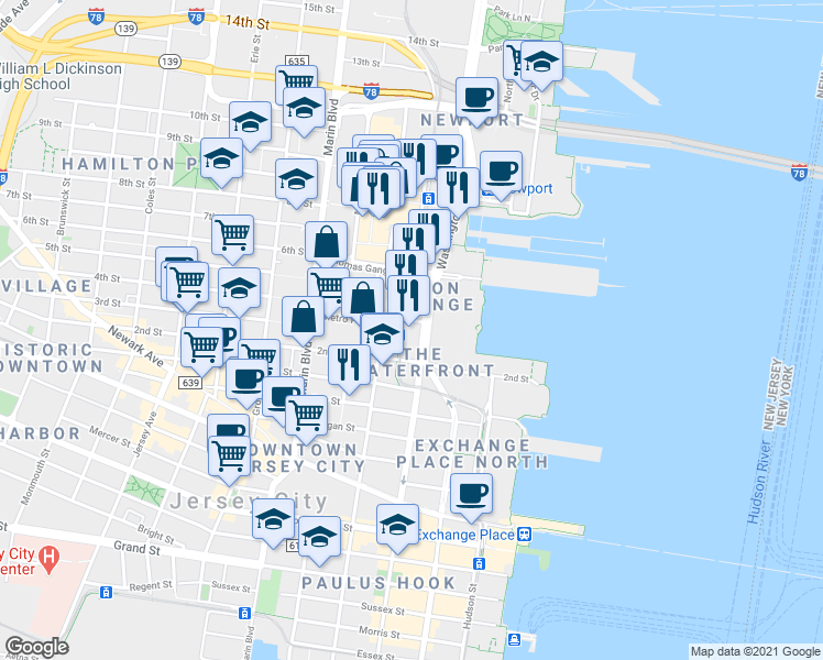 map of restaurants, bars, coffee shops, grocery stores, and more near 455 Washington Boulevard in Jersey City
