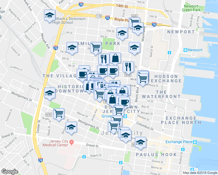 map of restaurants, bars, coffee shops, grocery stores, and more near 234 3rd Street in Jersey City