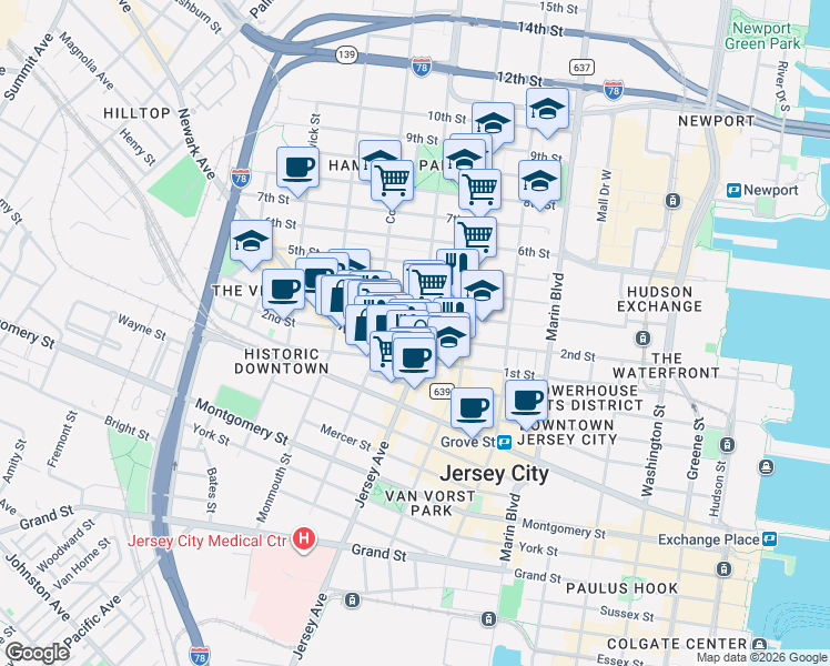 map of restaurants, bars, coffee shops, grocery stores, and more near 579 Jersey Avenue in Jersey City