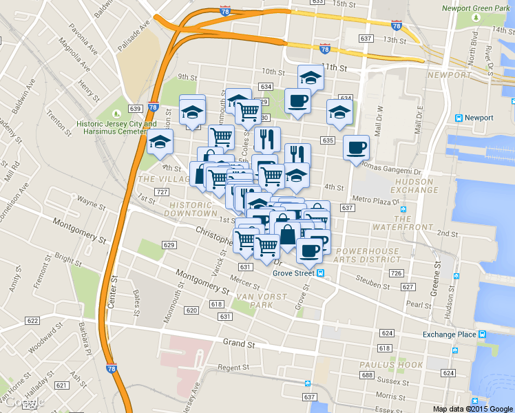 map of restaurants, bars, coffee shops, grocery stores, and more near 262 3rd Street in Jersey City
