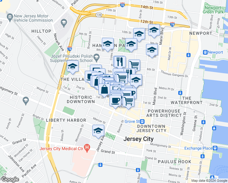 map of restaurants, bars, coffee shops, grocery stores, and more near 579 Jersey Avenue in Jersey City