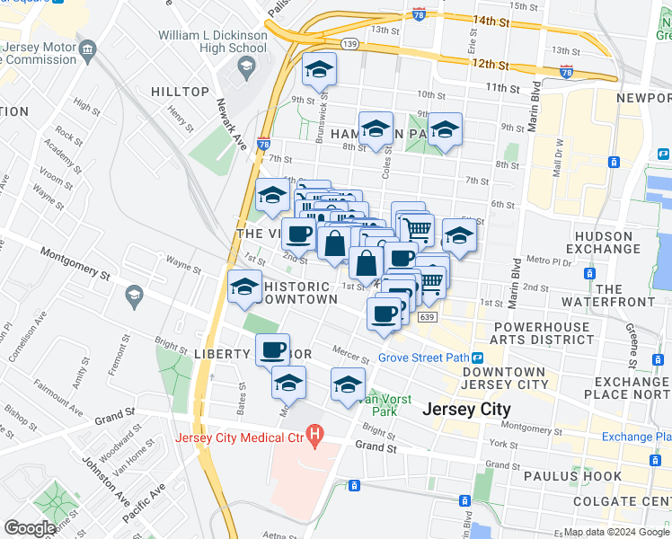 map of restaurants, bars, coffee shops, grocery stores, and more near 323 3rd Street in Jersey City