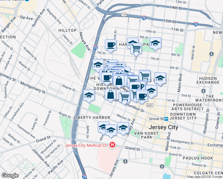 map of restaurants, bars, coffee shops, grocery stores, and more near 394 2nd Street in Jersey City