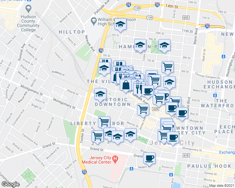 map of restaurants, bars, coffee shops, grocery stores, and more near 394 2nd Street in Jersey City