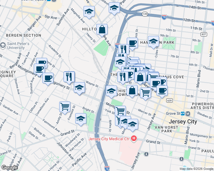 map of restaurants, bars, coffee shops, grocery stores, and more near 26 Merseles Street in Jersey City
