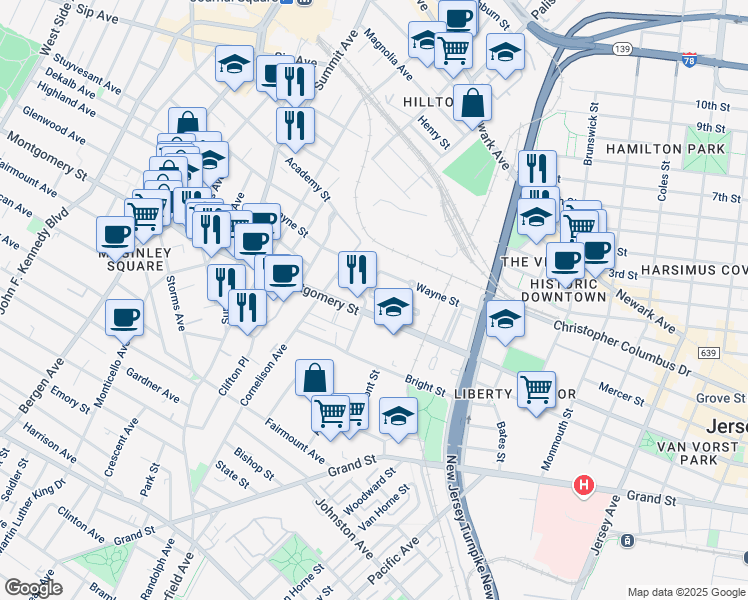 map of restaurants, bars, coffee shops, grocery stores, and more near 375 Mercer Loop in Jersey City