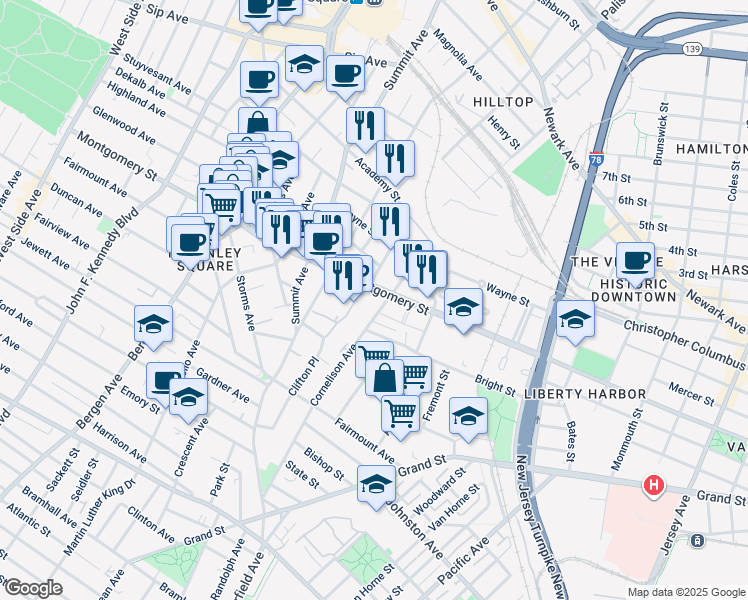 map of restaurants, bars, coffee shops, grocery stores, and more near in Jersey City
