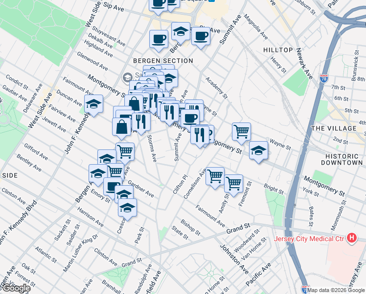 map of restaurants, bars, coffee shops, grocery stores, and more near 246 Summit Avenue in Jersey City