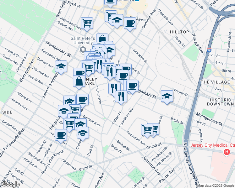 map of restaurants, bars, coffee shops, grocery stores, and more near 246 Summit Avenue in Jersey City