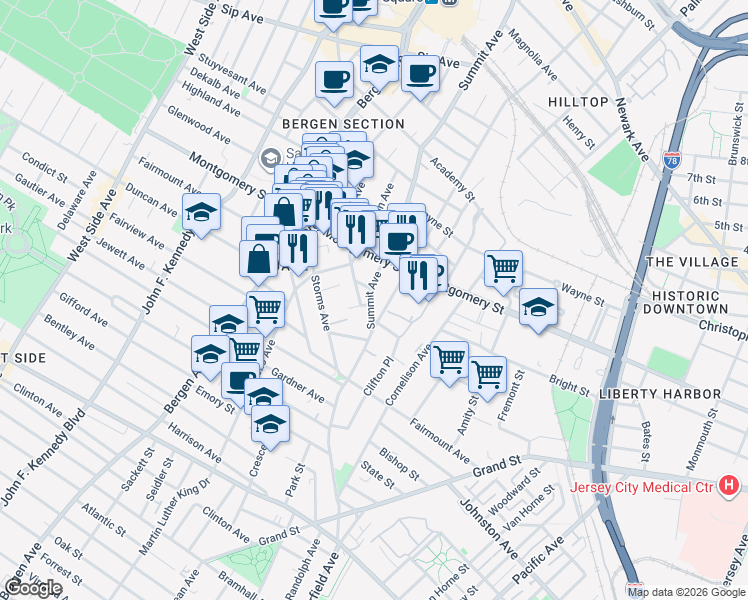 map of restaurants, bars, coffee shops, grocery stores, and more near 246 Summit Avenue in Jersey City