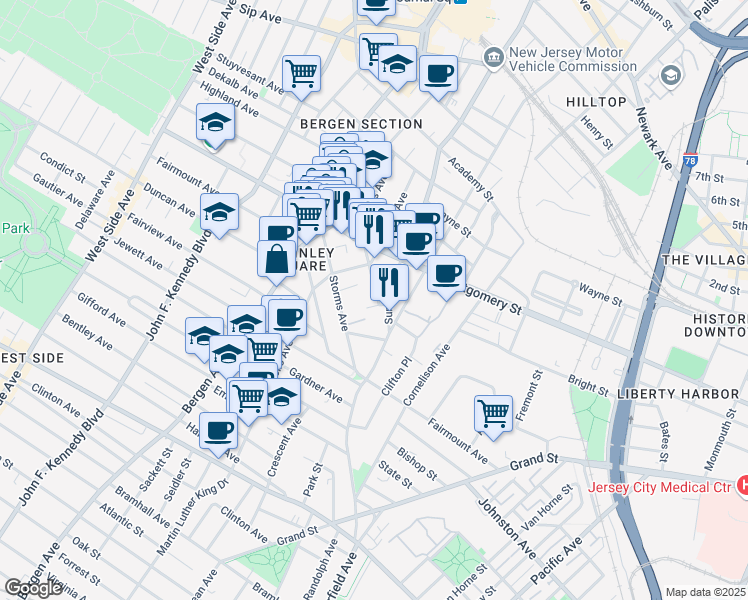 map of restaurants, bars, coffee shops, grocery stores, and more near 29 Orchard Street in Jersey City