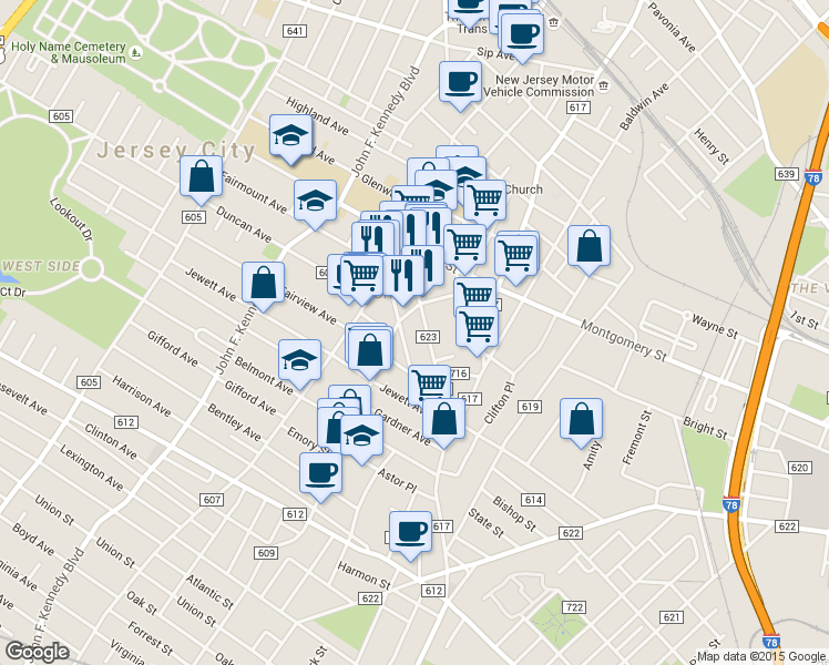 map of restaurants, bars, coffee shops, grocery stores, and more near 254 Monticello Avenue in Jersey City