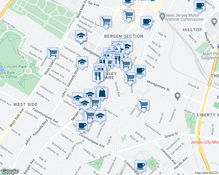 map of restaurants, bars, coffee shops, grocery stores, and more near 254 Monticello Avenue in Jersey City