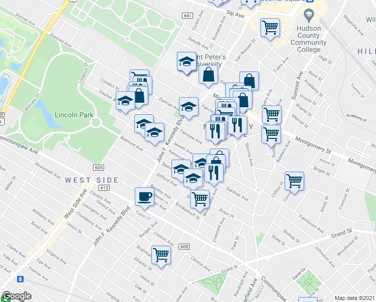 map of restaurants, bars, coffee shops, grocery stores, and more near 103 Fairview Avenue in Jersey City