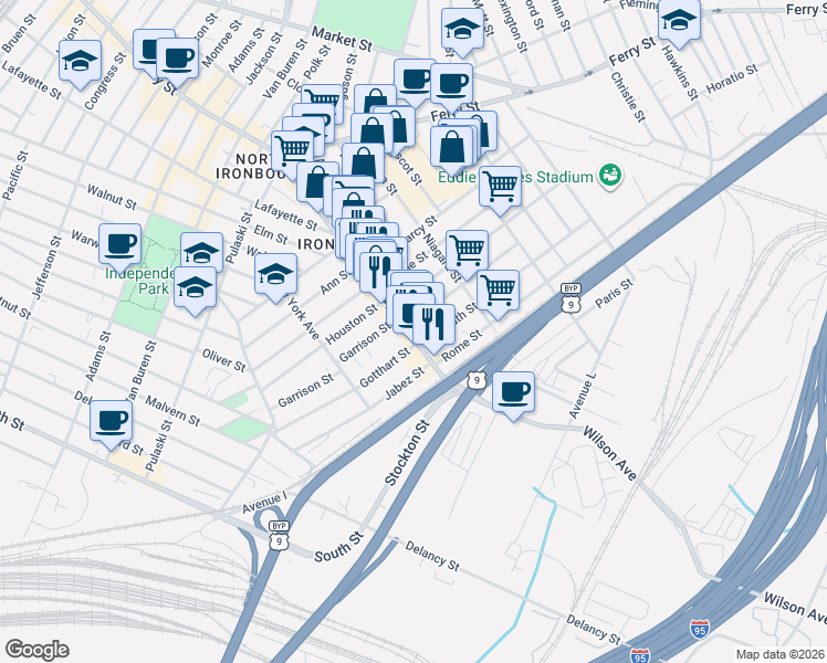 map of restaurants, bars, coffee shops, grocery stores, and more near in Newark