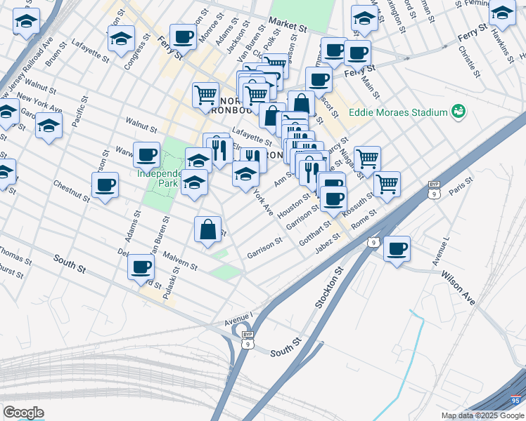 map of restaurants, bars, coffee shops, grocery stores, and more near 69 Ann Street in Newark