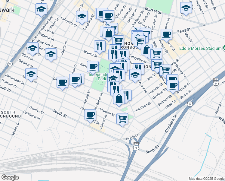 map of restaurants, bars, coffee shops, grocery stores, and more near 220b Nichols Street in Newark