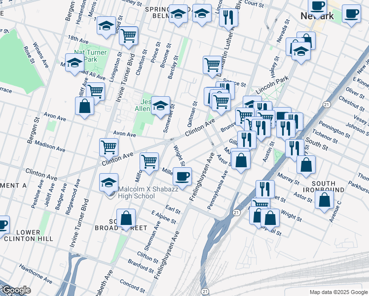 map of restaurants, bars, coffee shops, grocery stores, and more near 186 Clinton Avenue in Newark