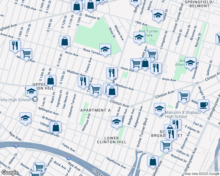 map of restaurants, bars, coffee shops, grocery stores, and more near 83 Chadwick Avenue in Newark