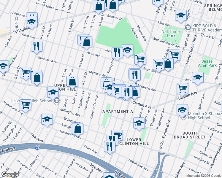 map of restaurants, bars, coffee shops, grocery stores, and more near 84 Treacy Avenue in Newark