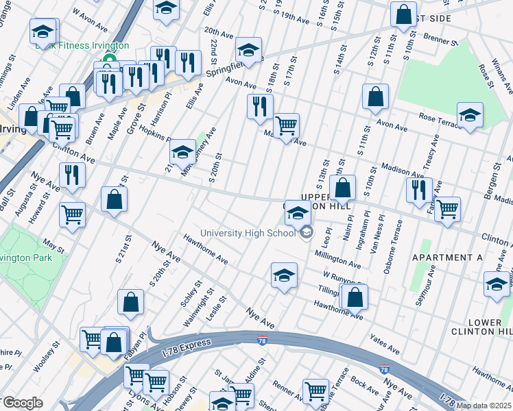 map of restaurants, bars, coffee shops, grocery stores, and more near 797-805 Clinton Avenue in Newark