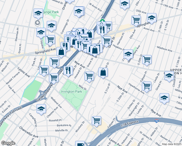 map of restaurants, bars, coffee shops, grocery stores, and more near 136 Maple Avenue in Irvington
