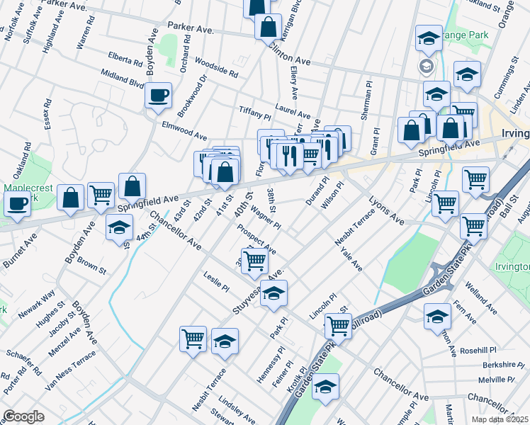 map of restaurants, bars, coffee shops, grocery stores, and more near 19 38th Street in Irvington