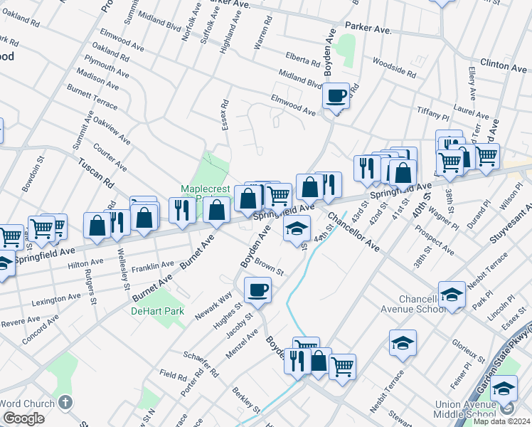 map of restaurants, bars, coffee shops, grocery stores, and more near 11 Boyden Parkway in Maplewood