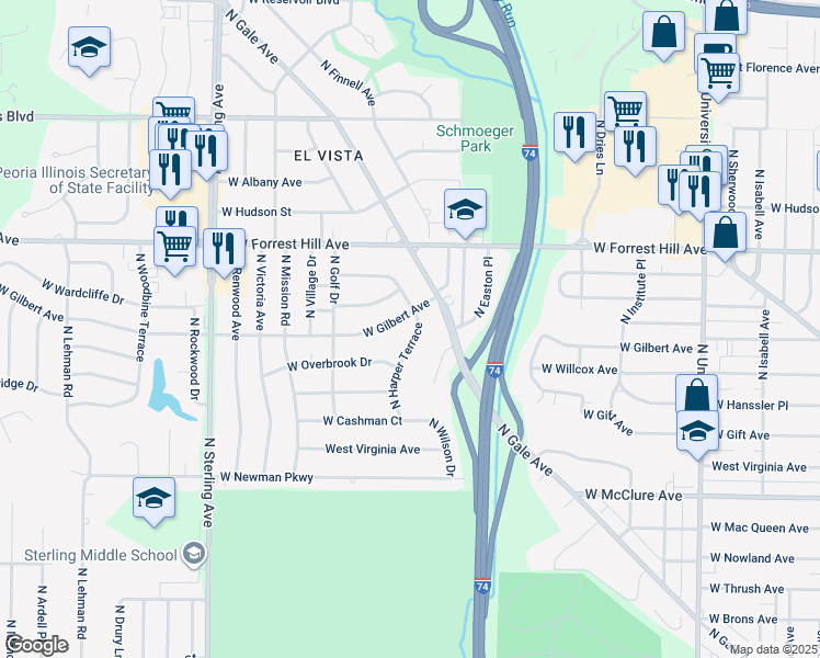 map of restaurants, bars, coffee shops, grocery stores, and more near 2012 West Hamilton Place in Peoria