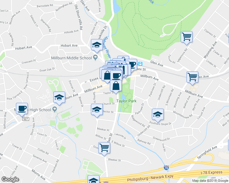 map of restaurants, bars, coffee shops, grocery stores, and more near 75 Main St in Millburn