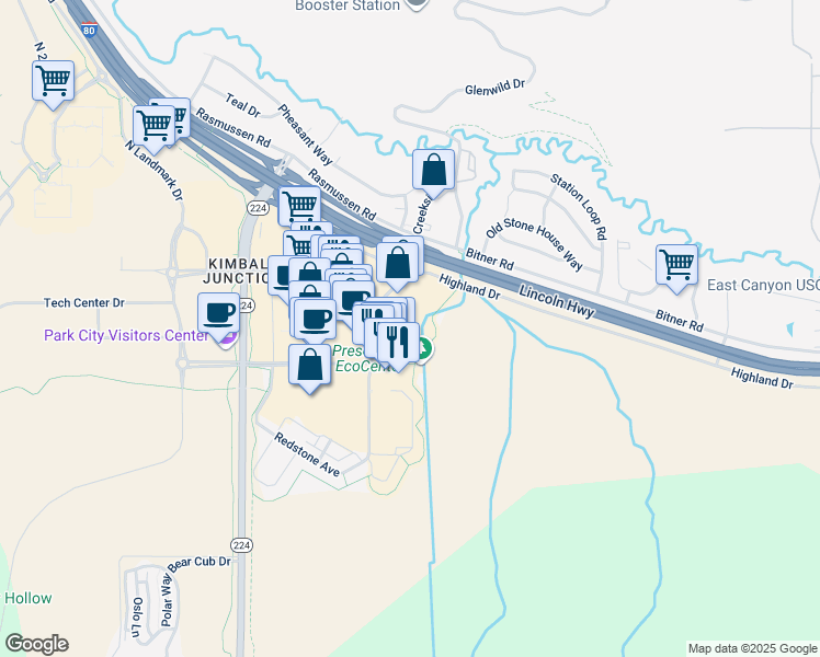 map of restaurants, bars, coffee shops, grocery stores, and more near 1370 Center Drive in Park City