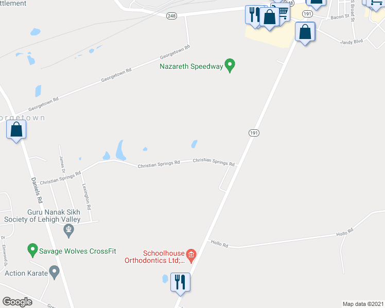 map of restaurants, bars, coffee shops, grocery stores, and more near 4218 Christian Springs Road in Nazareth