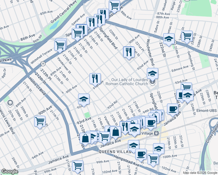 map of restaurants, bars, coffee shops, grocery stores, and more near 91-19 216th Street in Queens