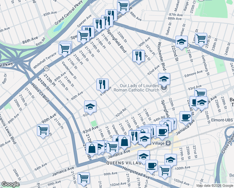 map of restaurants, bars, coffee shops, grocery stores, and more near 91-12 217th Street in Queens