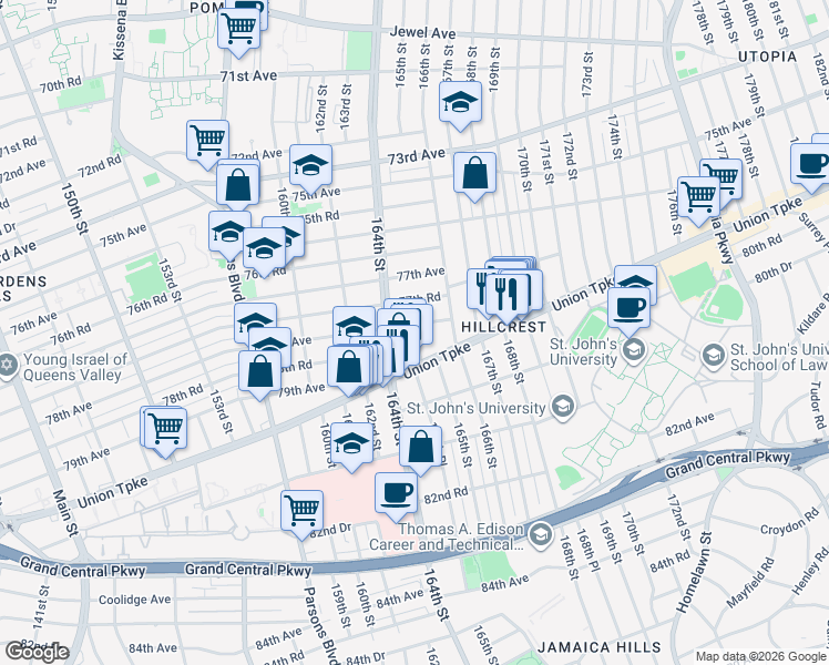 map of restaurants, bars, coffee shops, grocery stores, and more near 164-22 78th Avenue in Queens
