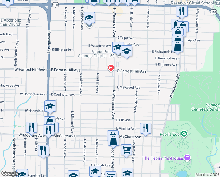 map of restaurants, bars, coffee shops, grocery stores, and more near 730 East Maywood Avenue in Peoria