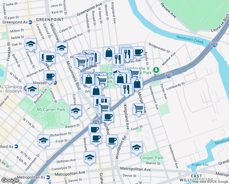 map of restaurants, bars, coffee shops, grocery stores, and more near 110 Monitor Street in Brooklyn