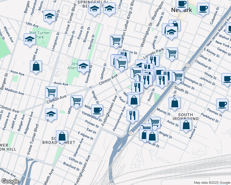 map of restaurants, bars, coffee shops, grocery stores, and more near 158 Clinton Avenue in Newark