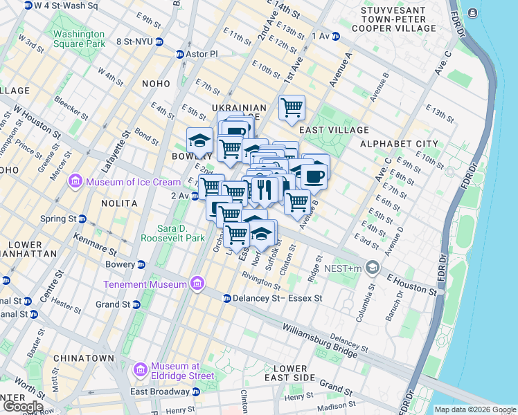 map of restaurants, bars, coffee shops, grocery stores, and more near in New York