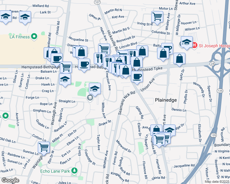 map of restaurants, bars, coffee shops, grocery stores, and more near 94 Wadsworth Avenue in Levittown