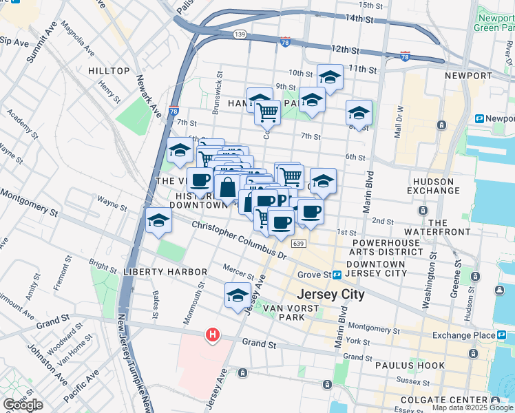 map of restaurants, bars, coffee shops, grocery stores, and more near 2nd Street & Coles Street in Jersey City