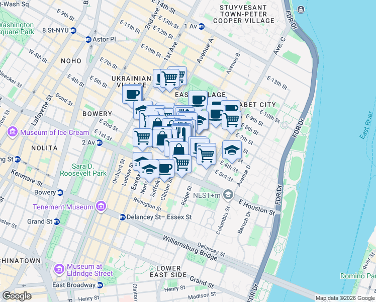 map of restaurants, bars, coffee shops, grocery stores, and more near 43 Avenue B in New York